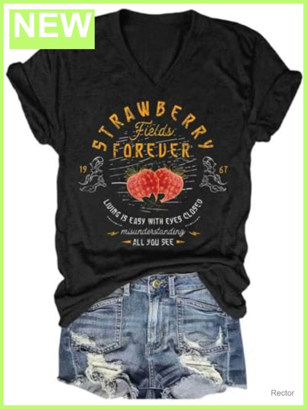 V Neck Strawberry Rock Band Graphic Tee Womens Cotton Blend Short Sleeve